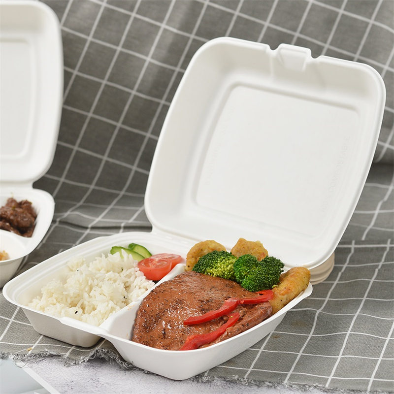 Bagasse 9 انچ 2 کمپارٹمنٹ ٹیک وے باکس
